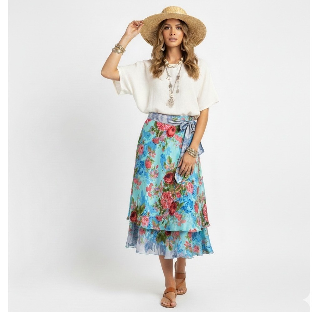 Kariza Designs Silk Viscose Wrap Skirt Floral Print Teal Red Blue Midi Medium‎